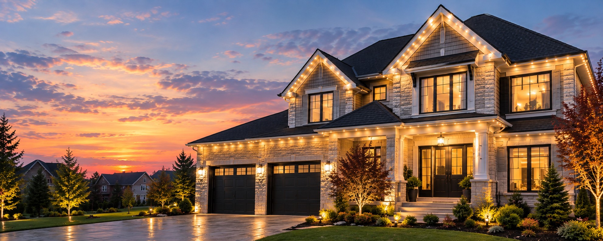 A large home with Beamscape permanent lighting glowing warm white along every roofline at dusk, sunset sky in the background