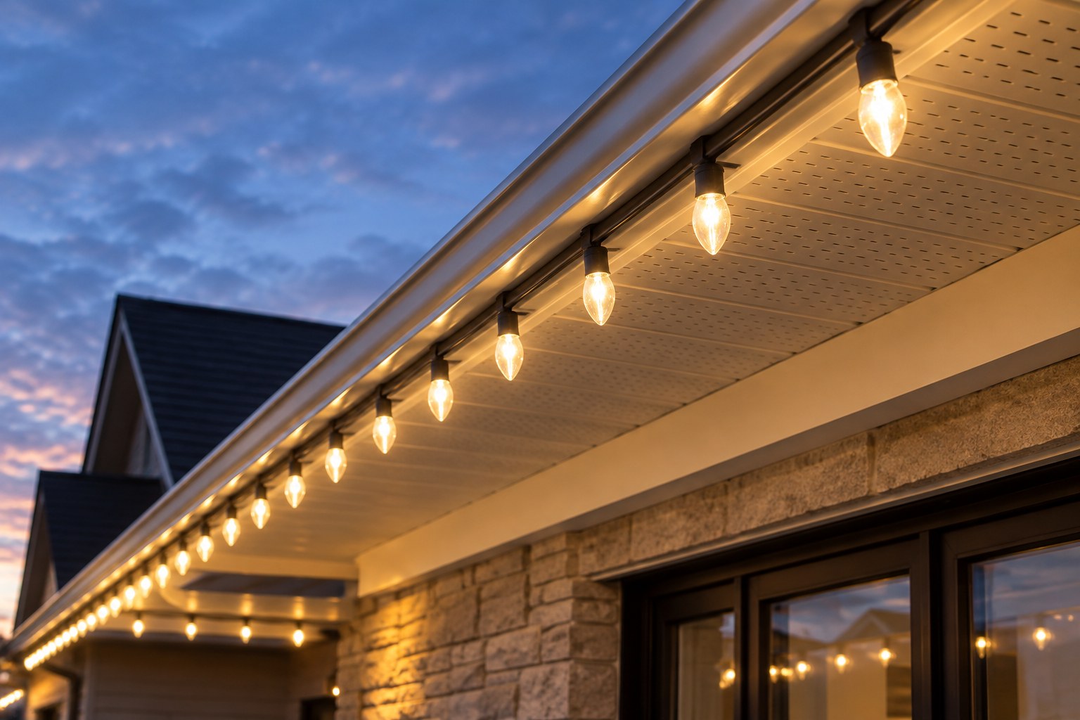 Warm white festoon string lights installed along a roofline for the holiday season