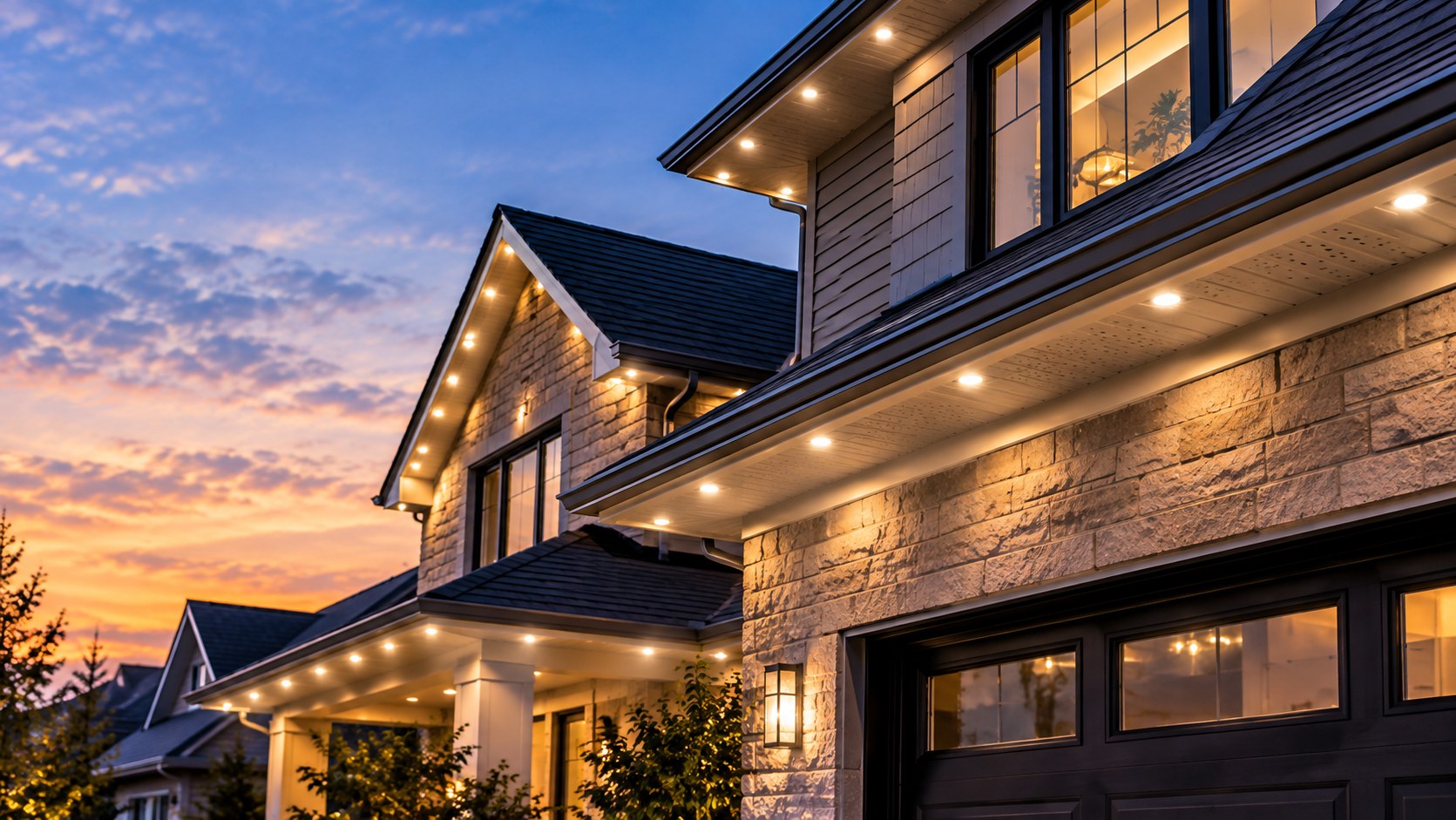 Recessed permanent lighting fixtures installed under the eaves and gables of a stone home at dusk
